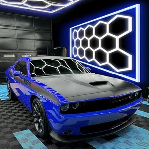 Hexagon Garage Lights 14 Hex LED Honeycomb Ceiling Lights w/ Blue Border for Car - Foto 1 di 9