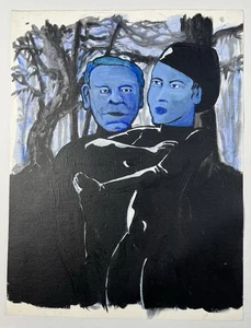 1990s Acrylic On Canvas Outsider Painting Blue Figures In Black Forest 16x12” - Picture 1 of 9