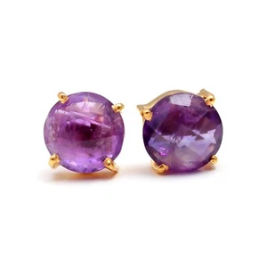 Gold Plated Natural Purple Amethyst Round Studs Earrings Solid Silver Jewelry - Picture 1 of 10