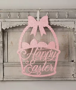 Insegna Cesto Buona Pasqua Bethany Lowe Legno Glitterato Rosa Primavera Decorazione Parete - Foto 1 di 1
