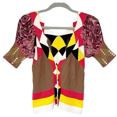 Кардиган Just Cavalli из трикотажной и шелковой смешанной ткани коричневый с коротким пухлым рукавом с V-образным вырезом - Изображение 1 из 4