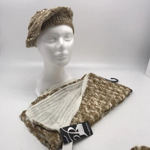 Rampage Knitted Infinity Scarf With Beret Hat Set Tan And White - Picture 1 of 4