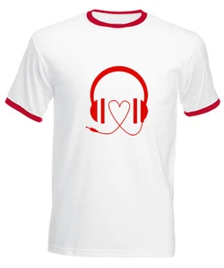 T-SHIRT UOMO CUFFIE DJ MUSICA CAVO A CUORE MAGLIETTA RAGAZZO HEADPHONES HEARTH - Picture 1 of 6