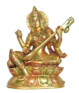 Saraswati Idol Brass Antique Finish Hindu Goddess of Knowledge Wisdom Statue 9" - Picture 1 of 4