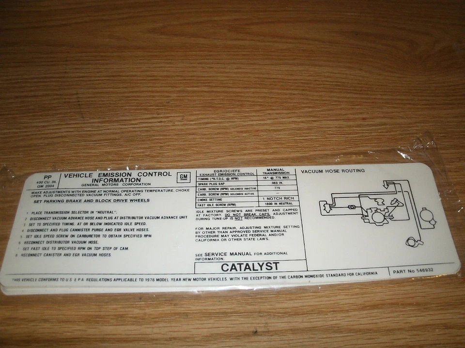 1976 PONTIAC FIREBIRD GRAND AM PRIX LEMANS SAFARI 400 ENG EMISSIONS DECAL 4SP PP - Image 1 of 1