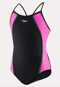Speedo Kids Heather Splice One-Piece Girl's Swimsuit Black Pink Size 16 1208 - Picture 1 of 2