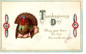 Postal vintage Acción de Gracias Saludo Pavo rojo blanco azul cinta tarjeta de arte - Imagen 1 de 2