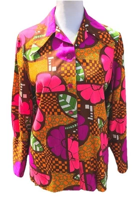 Vg 60s Floral Acrylic Psychedelic Geo Mod Boho Disco Button Blouse Beverly Hills - Image 1 of 4