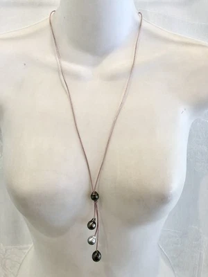 New Black TAHITIAN PEARL Lariat Style Pink Leather Cord Necklace - Image 1 of 4
