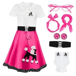 8 Pcs 50s Poodle Skirt Costume Girls Kids Sock Hop Outfit 7-9 Years Hot Pink - Picture 1 of 8