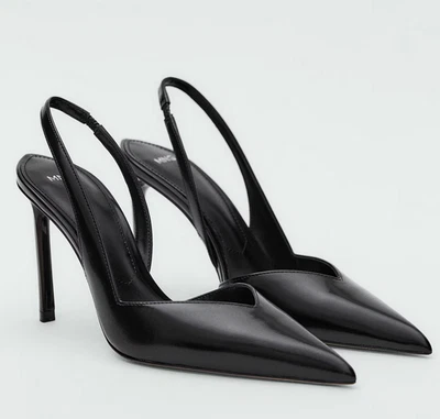 MANGO MNG BLACK BLACK VARE LEATHER SLINGBACK STILETTO HIGH HEELS SHOES SZ 38 7.5 - Image 1 of 4