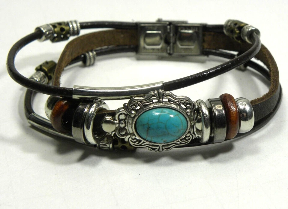 Boho Triple Strand Leather Cord Bracelet Faux Turquoise Cabochon Beaded Brown - Image 1 of 4