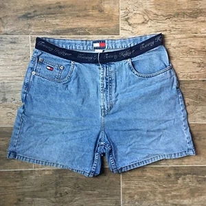 Sz 14 Vtg 90's TOMMY HILFIGER Spellout Flag Blue Jean Womens OG Hip Hop Shorts - Picture 1 of 11