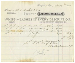 1880 Westfield MA E.R. Lay & Son Whips and Lashes Business Receipt Document - Picture 1 of 2