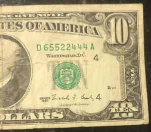 1990 $10 D4 District Fancy S# D 65522444 A - Picture 1 of 3