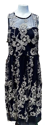 Vestido BEIGE ECI Talla 14 Azul Marino Transparente Red Floral Bordado Sin Mangas Noche Formal Foto 1 de 4