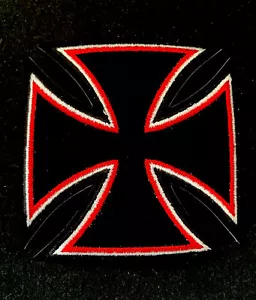 IRON CROSS PATCH - Embroidered Maltese Gothic BLACK RED IRON-ON BIKER CHOPPER - Picture 1 of 6