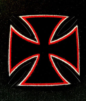 IRON CROSS PATCH - Embroidered Maltese Gothic BLACK RED IRON-ON BIKER CHOPPER - Image 1 of 4