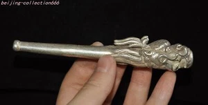 Statua pipa tabacco 4" antica testa di drago argento tibetano Cina astuccio fumatori - Foto 1 di 5