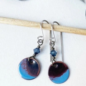 Blue Enameled Copper Round Dangle Earrings Swarovski Artisan Handmade Jewelry - Picture 1 of 4