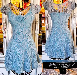 Vintage Betsey Johnson 90s Blue Sheer Mesh Floral Lace Rosette Mini Slip Dress S - Picture 1 of 12
