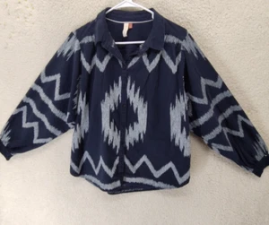 Pilcro Women Top Large Navy Printed Cotton Blend Long Sleeve Button Down Shirt - Picture 1 of 18