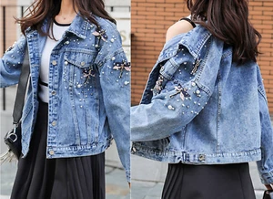 Chaqueta de mezclilla con botones para mujer Abrigo de jean floral Prenda para el torso Blazer - Imagen 1 de 8