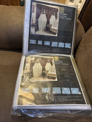 2 Vintage Sears Sheer Panel Curtain Royal Jewel 84”x84”Winter White NOS - Image 1 of 4