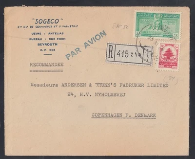 Líbano 1948 cubierta registrada a Dinamarca con recargo raro, CV €550+ firmado Foto 1 de 3
