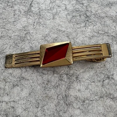 Vintage Anson Gold Tone Red Stone Tie Clip Bar Mens Dress Accessory Jewelry Gift - Image 1 of 4