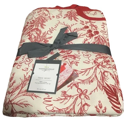 NUEVO Toile Rojo y Crema Estampado Y Bordado Toile Árbol de Navidad Falda Foto 1 de 4