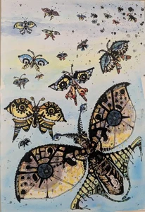 Schmetterlinge, Tusche , Aquarell, Phantastischer Realismus, ca 1980, gerahmt - Bild 1 von 7
