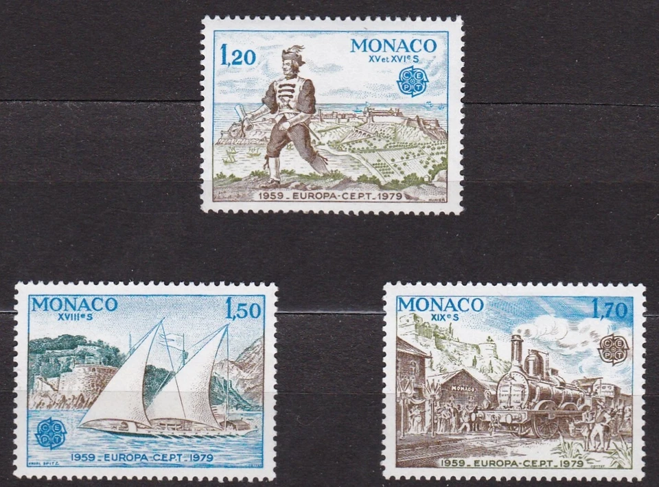 MONACO #1178-1180 MNH 16th CENTURY MESSENGER, FELUCCA  & ARRIVAL OF 1st TRAIN - Image 1 of 1