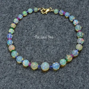 18K Solid Gold Natural Crystal Opal Emerald Ruby Sapphire Bead Bracelet 7.5 INCH - Picture 1 of 12