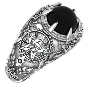 925 Sterling Silver Onyx Tetragrammaton Pentagram Star Ring Solomon Jewelry - Picture 1 of 7