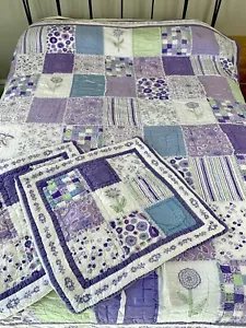 3pc Pottery Barn Queen Patchwork Lace Embroidered Quilt Euro Sham Purple Reverse - Picture 1 of 17