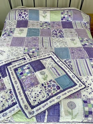 3pc Pottery Barn Queen Patchwork Lace Embroidered Quilt Euro Sham Purple Reverse - Image 1 of 4