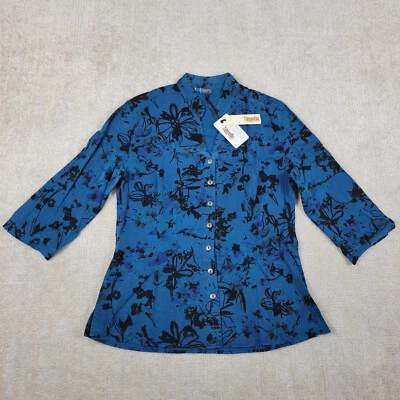 Tianello Blouse Shirt Top Womens S Blue Navy Black Art to Wear Floral Tencel USA - Image 1 of 4