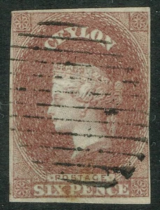 Ceylon 1857 6d Purple-Brown on Blued Paper SG1 4m Very Fine Used Cat. £450.00. - Picture 1 of 1