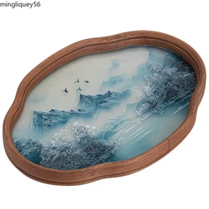 Bamboo Wood Glass Tray Dry Brew Ink Wind Begonias Flower Pot Bearer Tea Tray - Picture 1 of 8