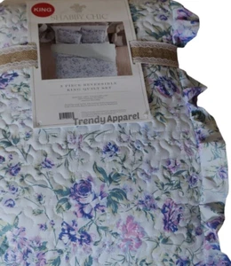 Shabby Chic, Reversible, Violet/Blue Floral KING Quilt & Sham Set - Picture 1 of 11