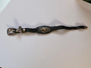 Faux Black leather Belt w Silvertone Heart Oval Medallion & Buckle Wrap Bracelet - Picture 1 of 16