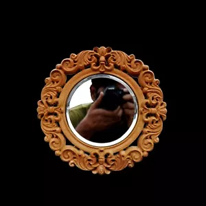 Wooden Round Wall Frame Mirror Teak Wood Natural Finish Wall Hand Carved Decor - Picture 1 of 10