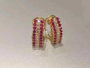 3Ct Round Cut Lab Created Pink Ruby Huggie Hoop Earrings 14K Yellow Gold Plated - Picture 1 of 7