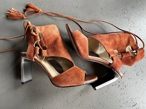 BCBG MAX AZRIA Brown Leather and Suede Lace-Up Tassel Sandals Size 36 - Picture 1 of 11