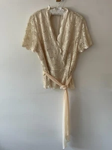 Jacques Vert Cream Lace Blouse with Gold Sequins and Sash Tie Belt, Size 14. VGC - Picture 1 of 5