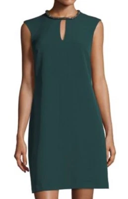 Donna Ricco New York Rhinestone KeyholeCollar Olive Green Elegant Shift Dress 14 - Image 1 of 4