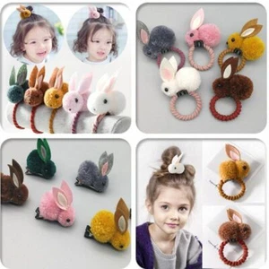 Korea Girls Plush Pompon Rabbit Hair Clip Pom Pom Bunny Hair Rope Womens Jewelry - Picture 1 of 22