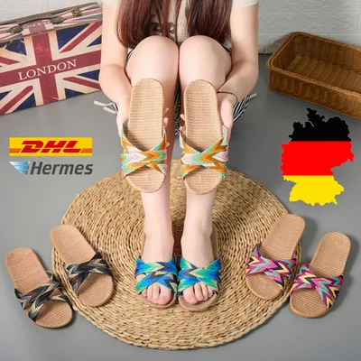 FUSSZAUBER Leichte Damen Hausschuhe Leinen Sommer Pantoffeln Indoor rutschfest Paare