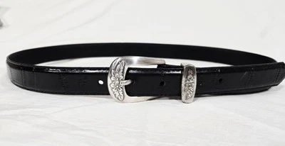 Black Croc embossed 1" Leather Belt With Floral Silver Buckle M 29-33" - Image 1 of 4